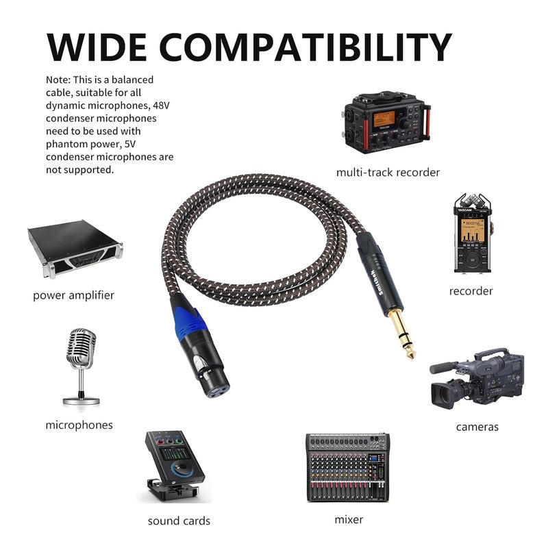 Smithok 1/4 to XLR Cable,Heavy Duty Nylon Braided,Gold Plated Plug,Balanced 1/4" TRS (Quarter Inch 6.35mm) to 3pin XLR Female Patch Cable, Microphone Cable, for Speaker,Mixer-10ft(3M) - Image 4